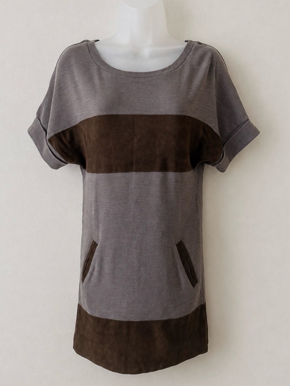 AllSaints Diego Tee Dress XS Gray Brown Leather Panel